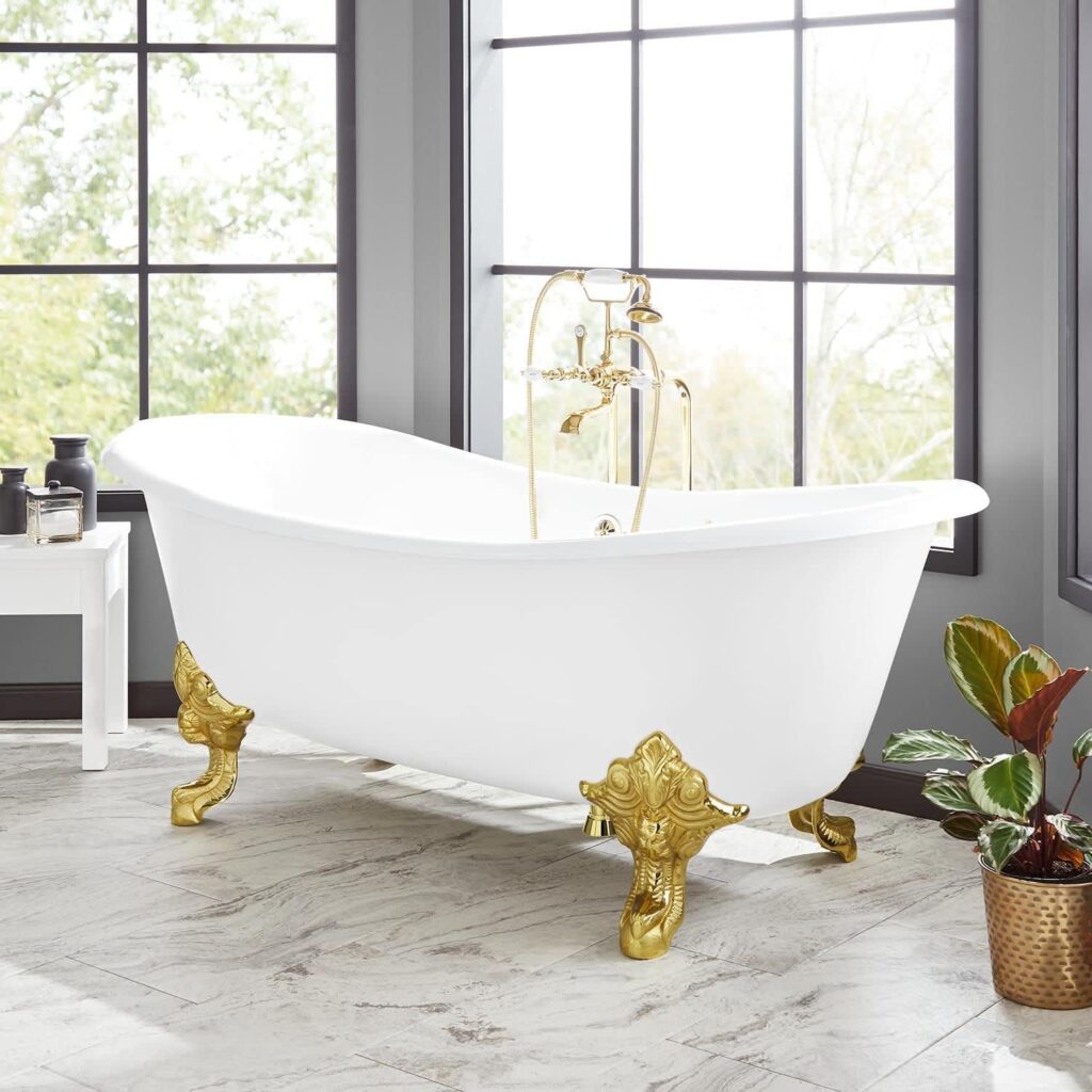 Signature Hardware 406153 Lena 59" Cast Iron Soaking Clawfoot Tub with Pre-Drilled Overflow Hole - White/Polished Brass Feet