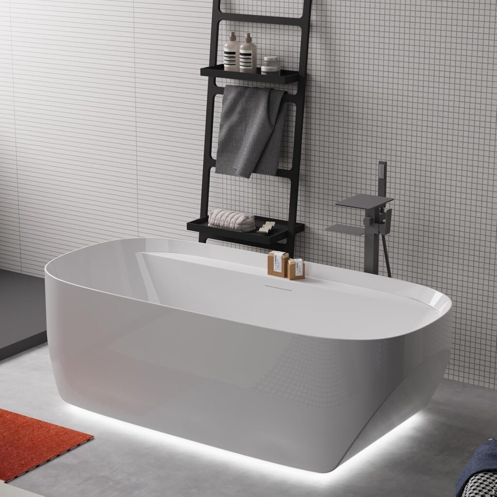 67" Acrylic Freestanding Bathtub, Oval Elegant Freestanding Soaking Glossy White Tub with Pop-up Chrome Drain, A0055-17N