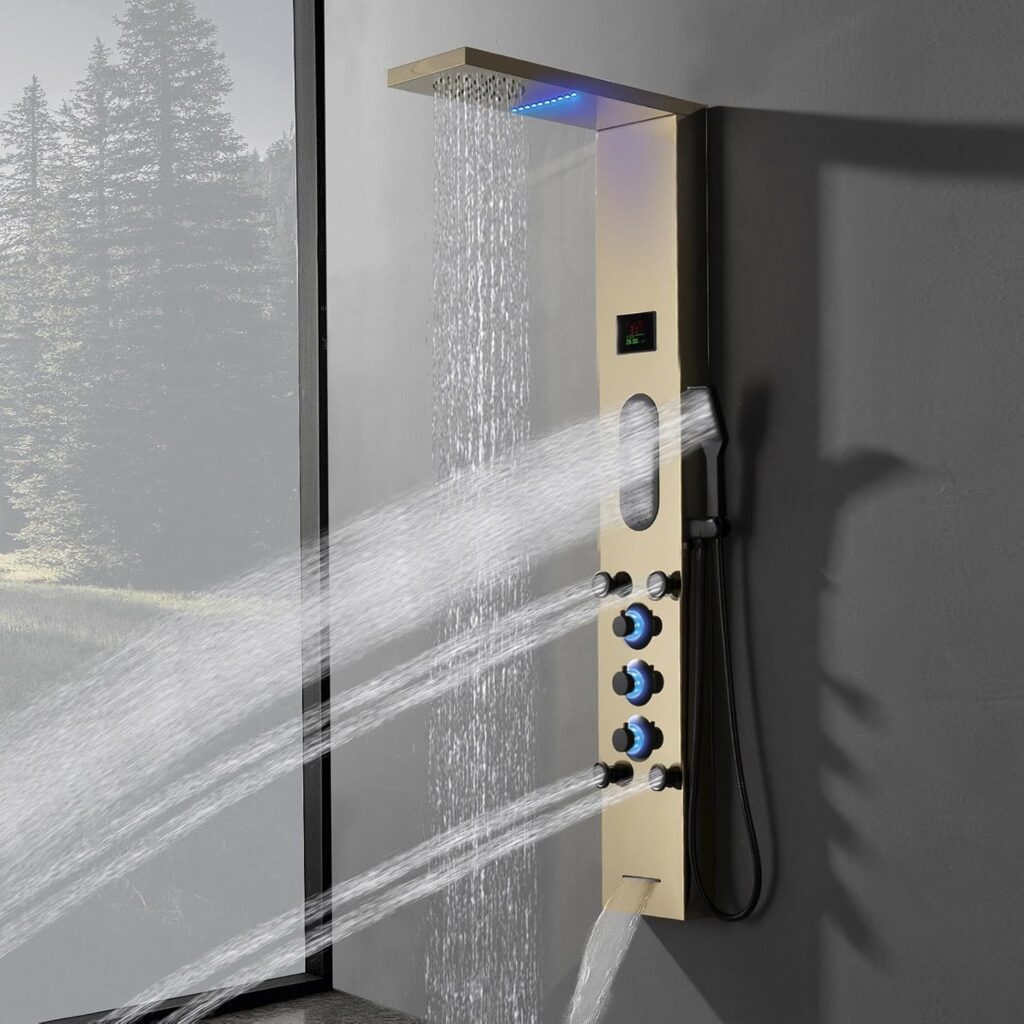 Gold Shower Tower, Bathroom Shower Panel System with Large Area Body Jet Massage Shower Fixtures with Temperature Display Adjustable Body Jets Tub Spout Hand Shower, Polished Gold