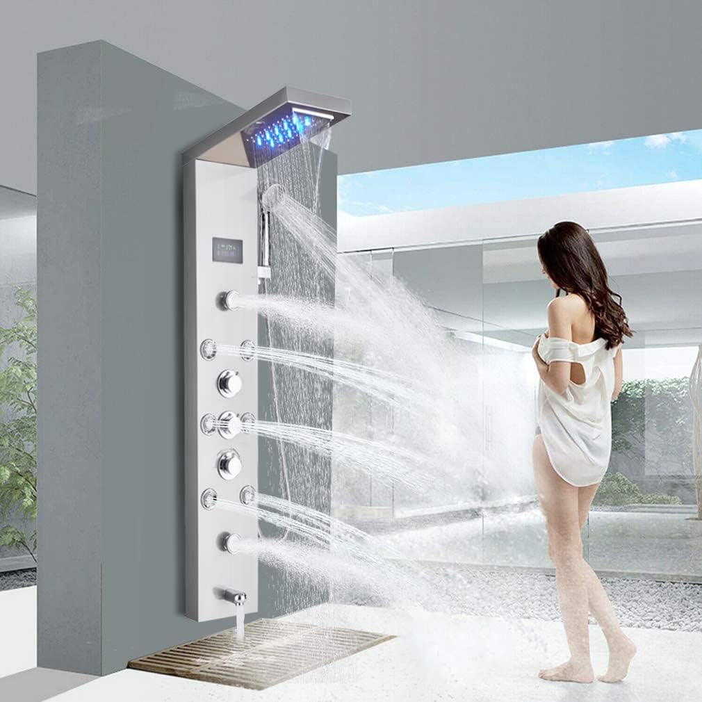 FUZ Contemporary Shower Panel Tower System Stainless Steel 6-Function Faucet LED Rainfall Waterfall Shower Head + Handheld Sprayer + Rain Massage Body Jets + Tub Spout, Brushed Nickel